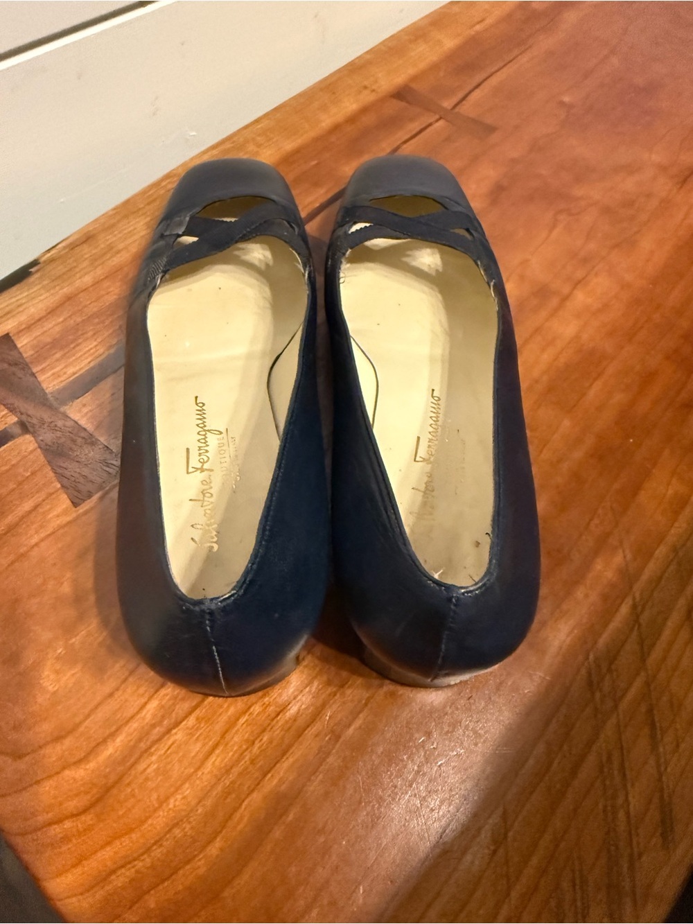 Salvatore Ferragamo Navy Leather Ballet Low Heel with Crisscross Straps - Picture 4 of 14
